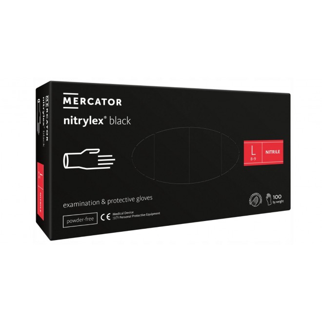 Rękawice nitrylowe bez pudru Mercator Nitrylex Czarne Protective Gloves rozmiar L