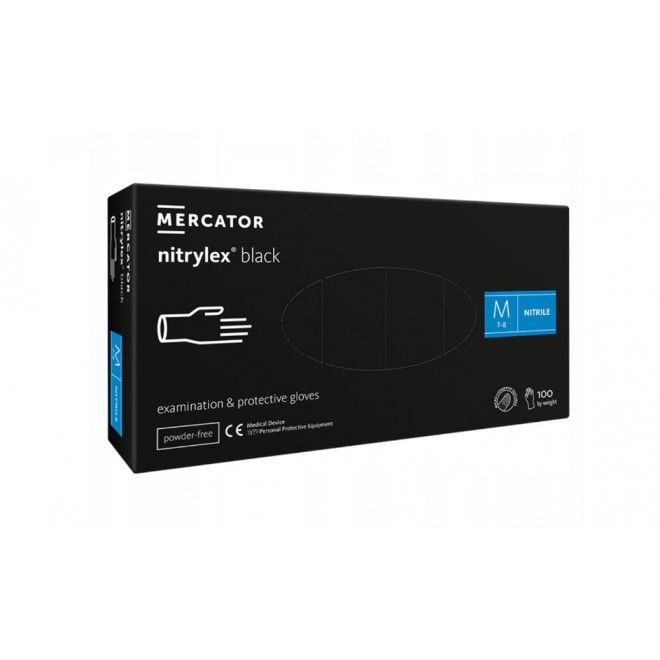 Rękawicy nitrylowe bez pudru Mercator Nitrylex Czarne Protective Gloves rozmiar M
