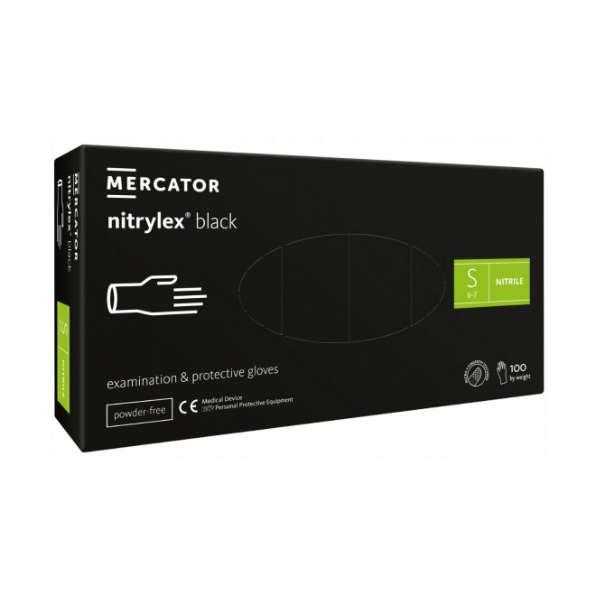 Rękawice nitrylowe bez pudru Mercator Nitrylex Czarne Protective Gloves rozmiar S