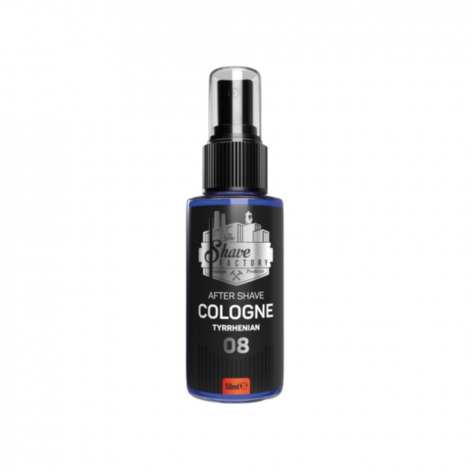 Woda kolońska po goleniu The Shave Factory Tyrrhenian No.08 50 ml – orzeźwiający, wodno-cytrusowy zapach tyrrheński | nuty morskie, mandarynka, cytryna, bergamotka, ylang-ylang, jaśmin, piżmo i dąb mchowy | łagodzi skórę i daje męską świeżość