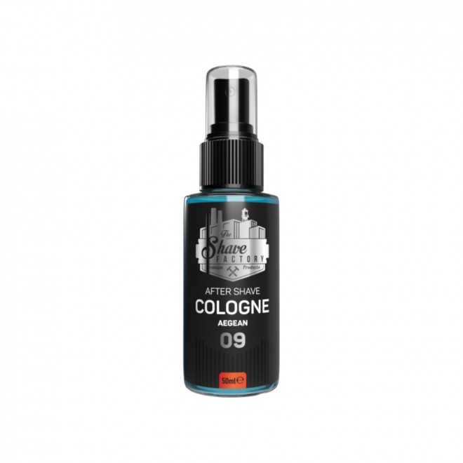 Woda kolońska po goleniu The Shave Factory Aegean No.09 50 ml – orzeźwiający, morsko-cytrusowy zapach egejski | bergamotka, czarna porzeczka, ylang-ylang, paczula, wanilia i sandałowiec | łagodzi podrażnienia i zapewnia długotrwałą świeżość