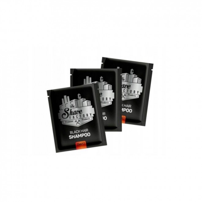 Szampon Koloryzujący na Siwe Włosy The Shave Factory Black Hair Shampoo 10x25 ml – natychmiastowe pokrycie siwych włosów na czarno | amoniak-free, odżywczy szampon w saszetkach | 5 minut i efekt do 4 tygodni