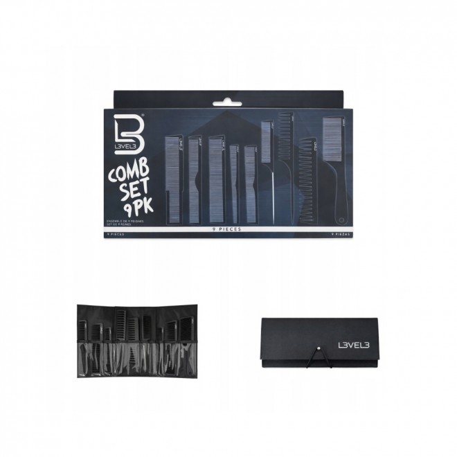 Profesjonalny zestaw grzebieni fryzjerskich L3vel3 9PC COMB SET – komplet 9 sztuk w etui